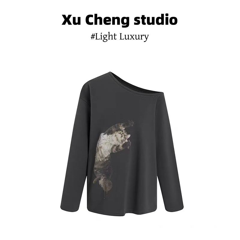 Xu Cheng卫衣女设计感复古辣妹纯欲猫咪印花宽松休闲斜肩长袖上衣
