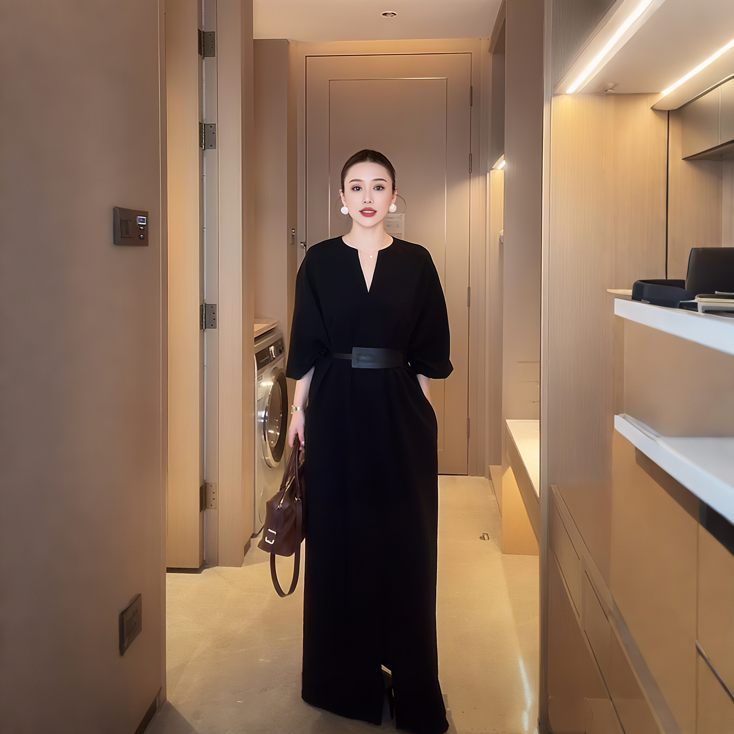 大码女装秋季新款宽松慵懒风V领插肩袖长裙子胖mm遮肚显瘦连衣裙