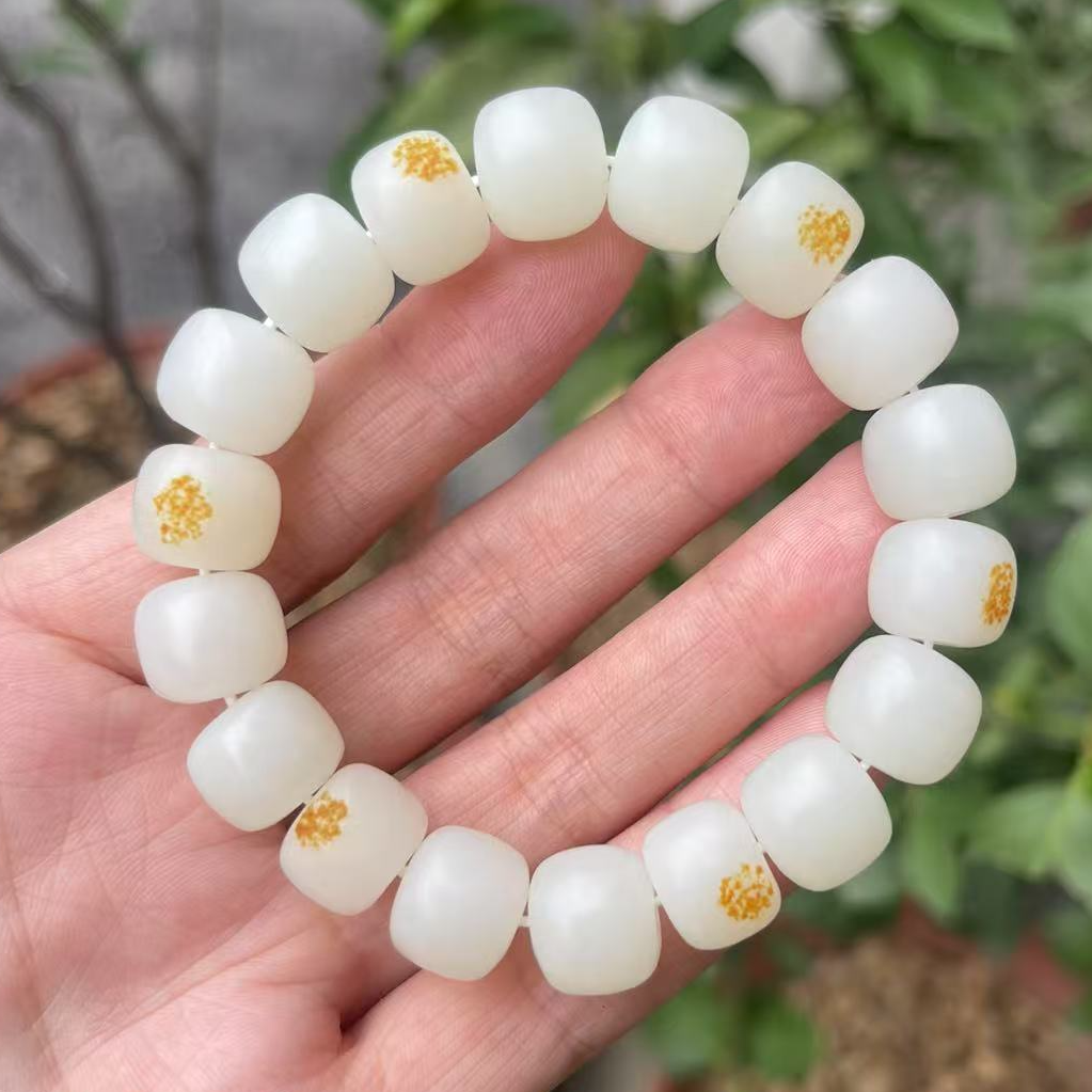 天然新疆和田玉白玉13毫米老型珠手链桶珠手串路路通白玉手链一级