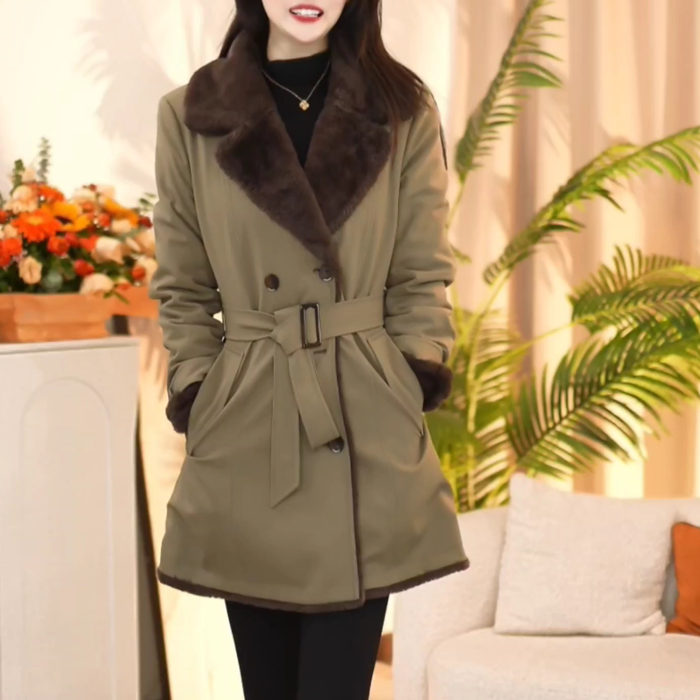 羽希服饰油画风秋冬防风中长款女毛呢气质外套保暖时尚女士外套