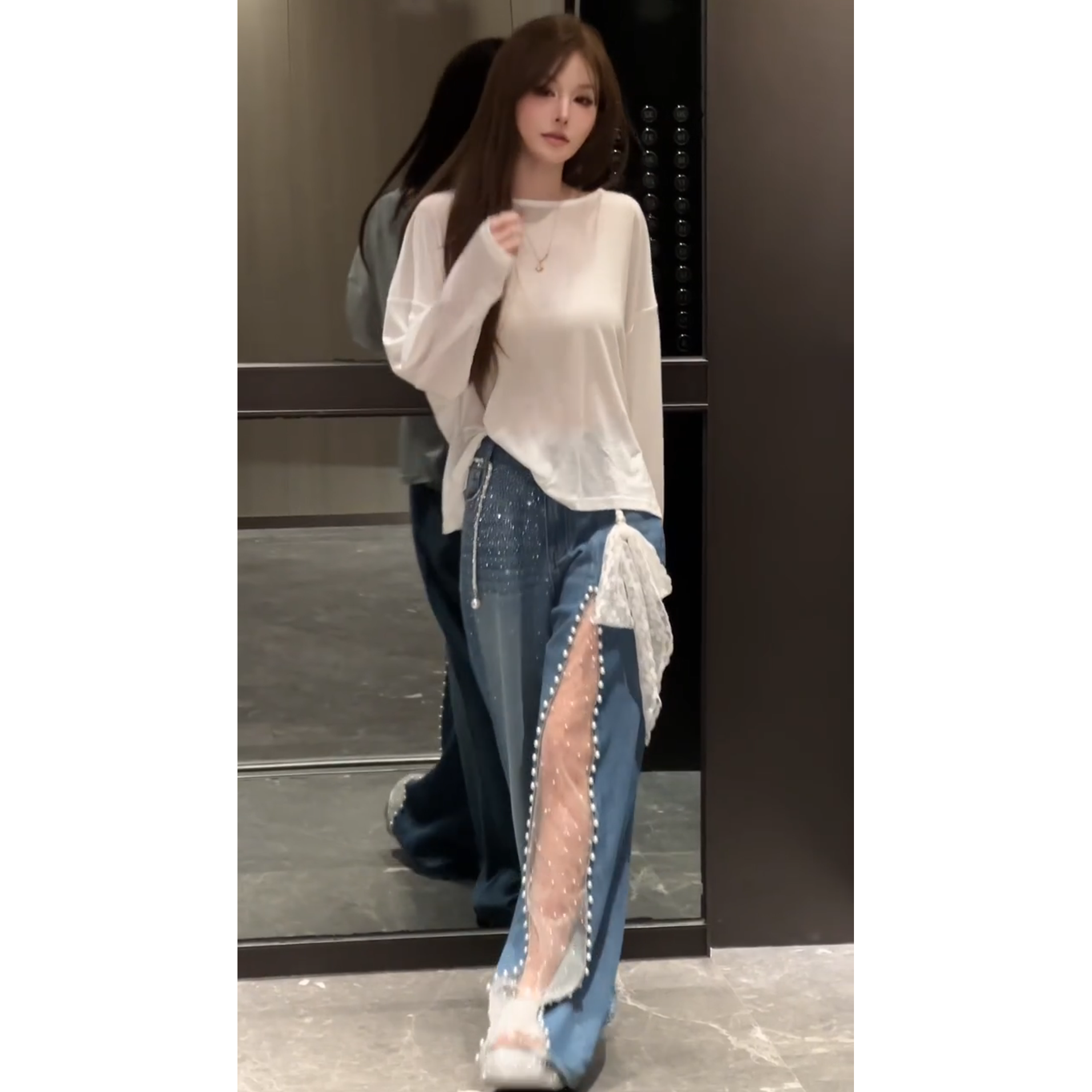 MARIE.COCO设计感宽松露背别致上衣镂空蕾丝牛仔裤百搭复古两件套