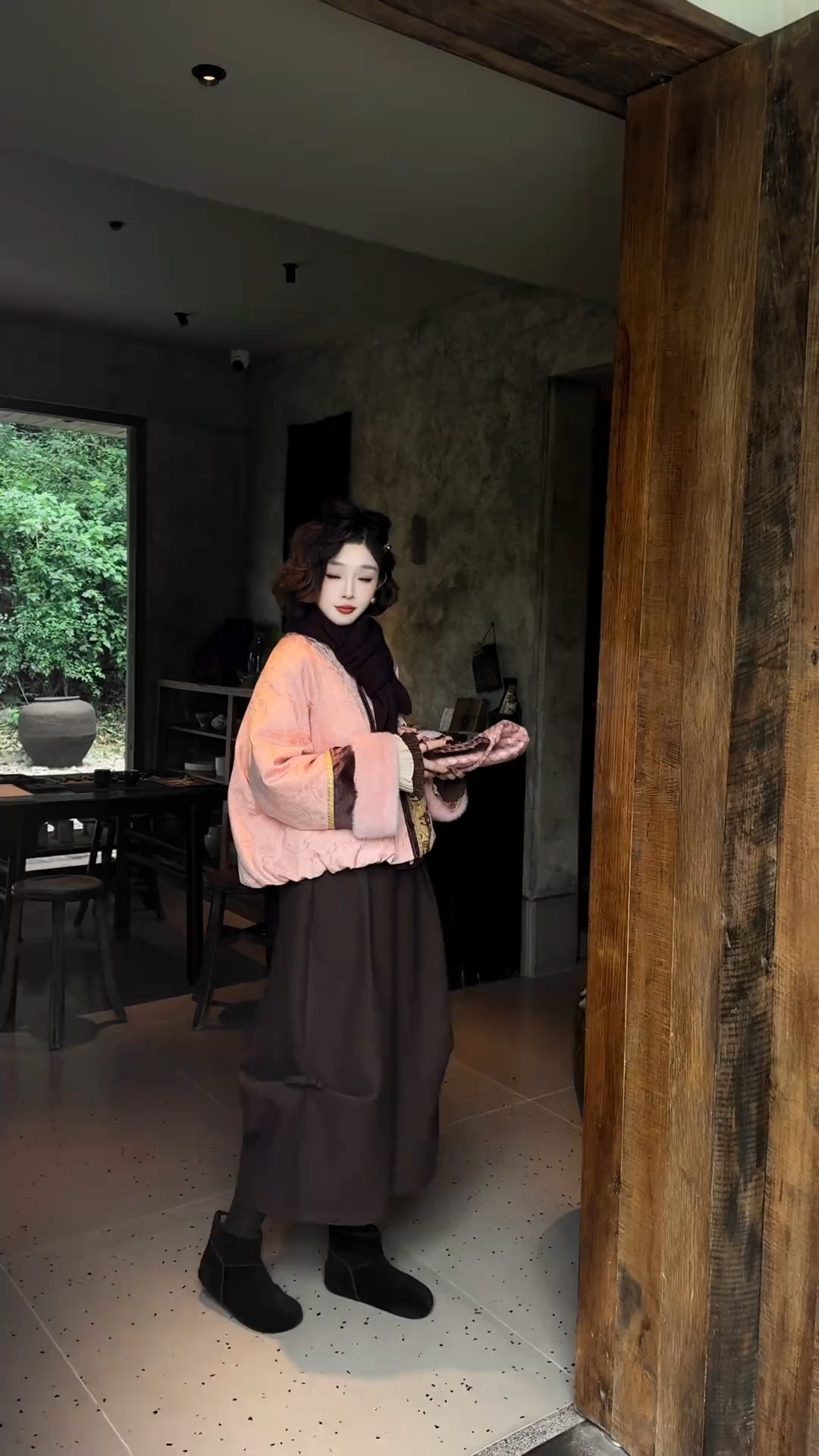 【当日发货】2025新款新中式国风超好看粉色棉服高腰阔腿裤两件套女