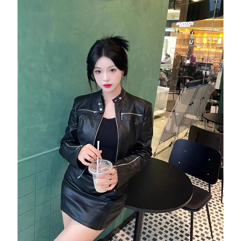 美式立领机车夹克复古百搭短款皮衣外套女秋季新款修身显瘦上衣酷