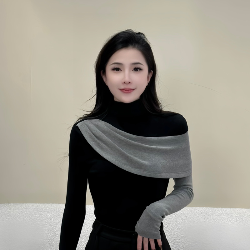 【暮色魅影】长袖T恤女加绒加厚拼接秋冬季打底衫修身半高领9800