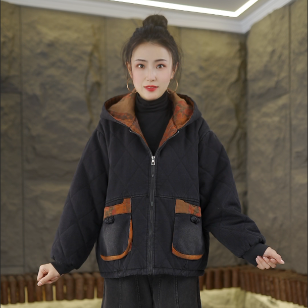 冬季新款加棉加厚时尚复古连帽棉服拼色韩版牛仔棉衣2675