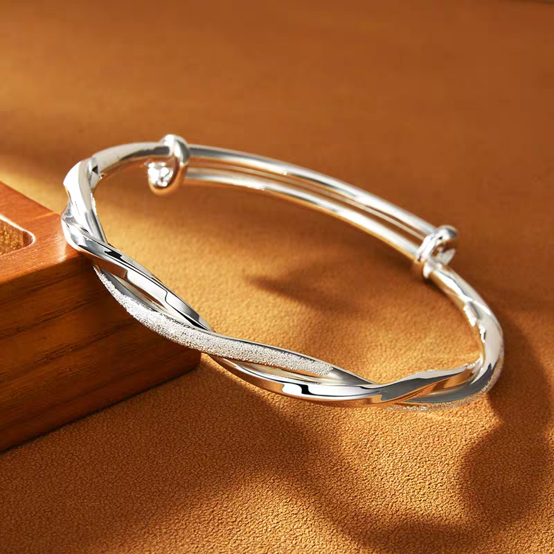 足银手镯 素款足银999.9麻花可调节精美手镯简约时尚百搭重送礼物