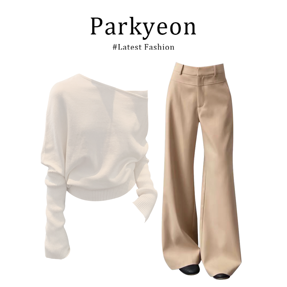 parkyeon韩式设计感轻奢露肩针织衫简约直筒休闲裤时尚早秋两件套