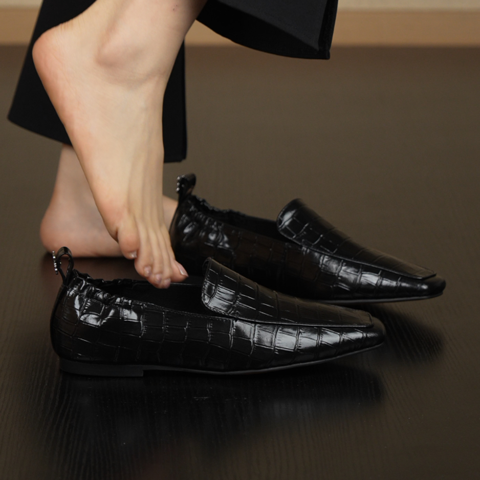 RubyL/1cm极简法式复古百搭编织纹一脚蹬方头中口平底单鞋女款