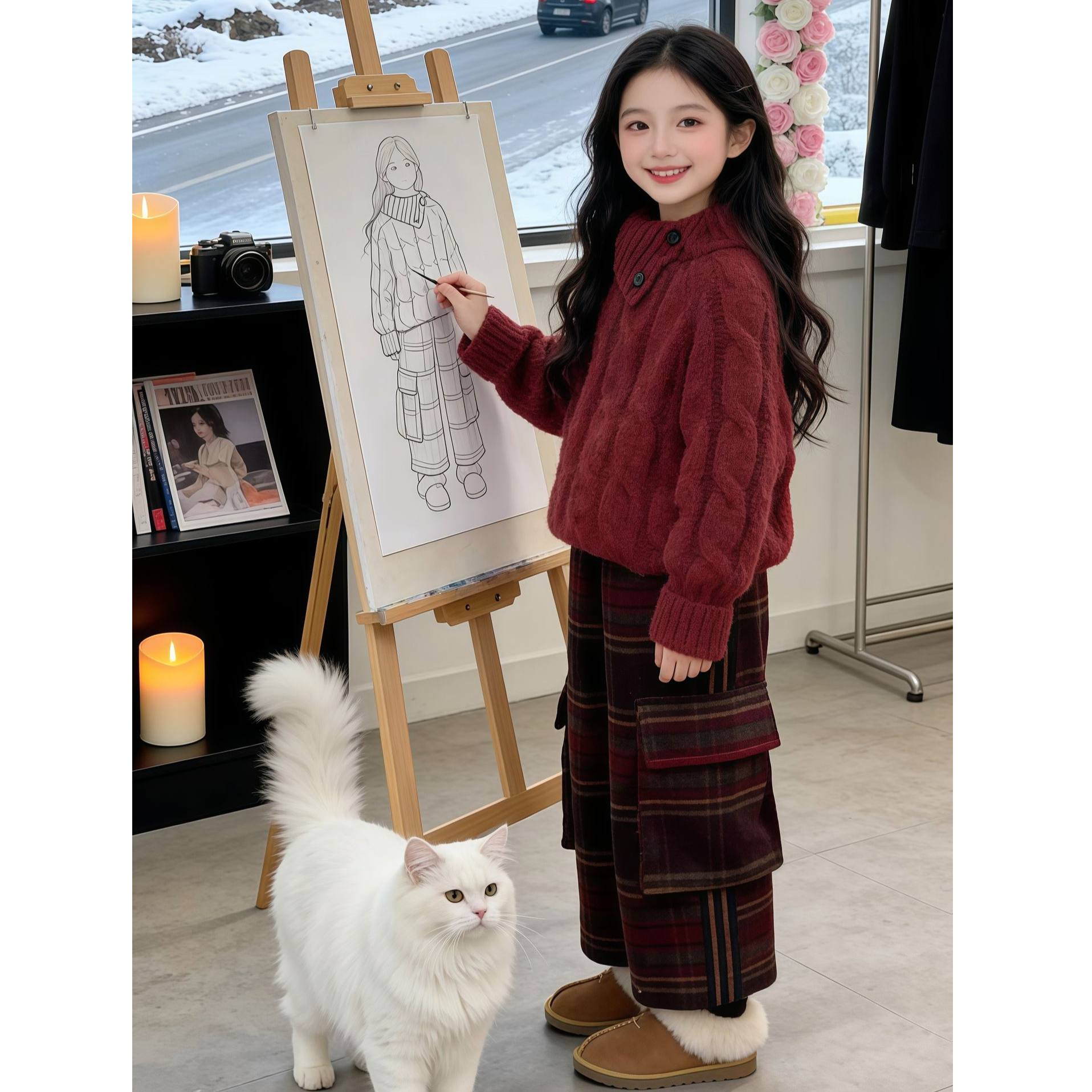 韩范洋气女童圣诞新年服套装2025冬款红色加厚毛衣加厚格子工装裤