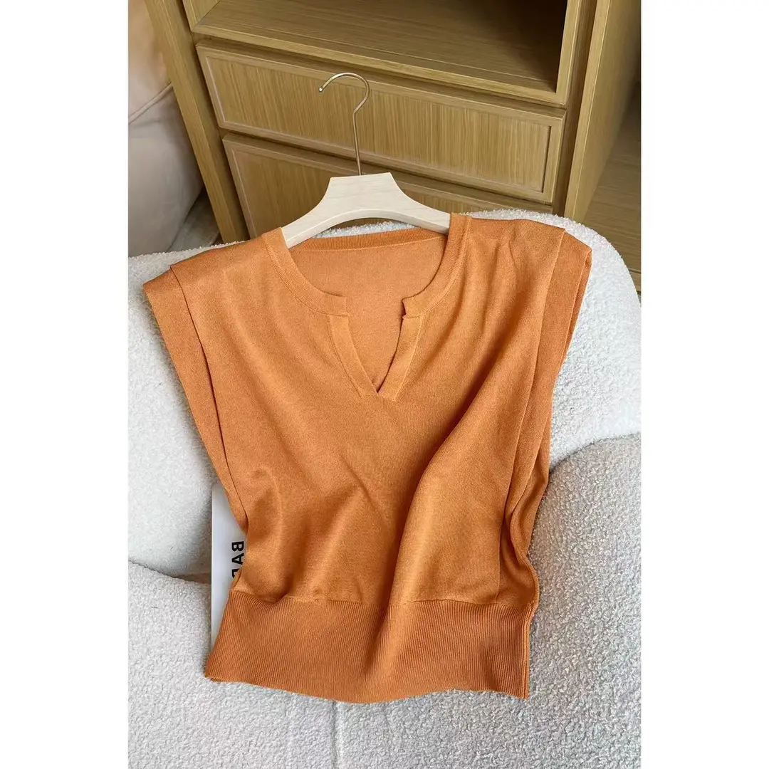 2025年夏季新V领简约纯色显瘦针织短袖百搭无袖时尚上衣W1-94