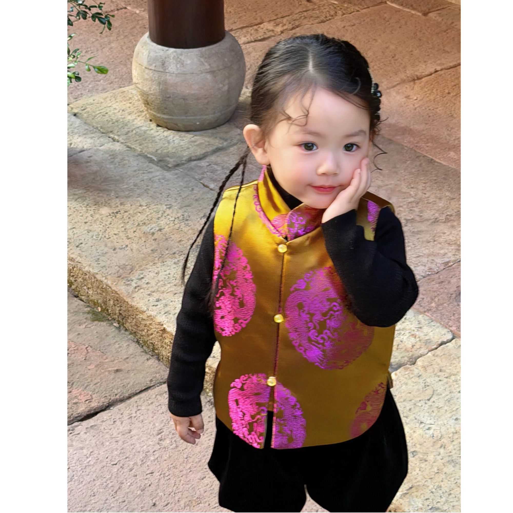 2025冬季新款新中式男女童复古龙纹刺绣夹棉马甲半身裙拜年服套装