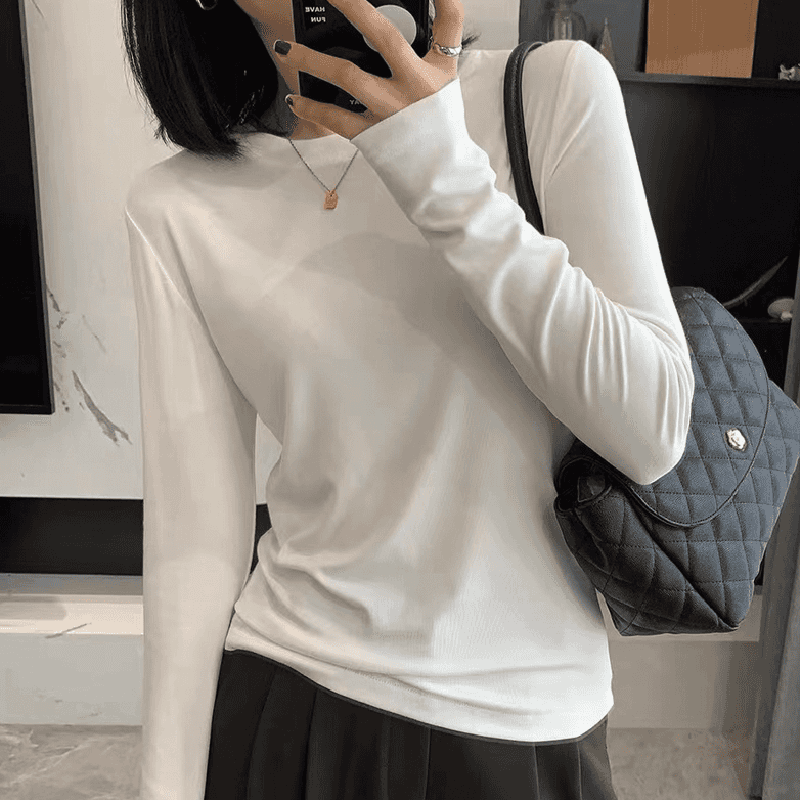 2025早秋冬韩版显瘦百搭圆领修身内搭纯色打底衫女装白色长袖T恤