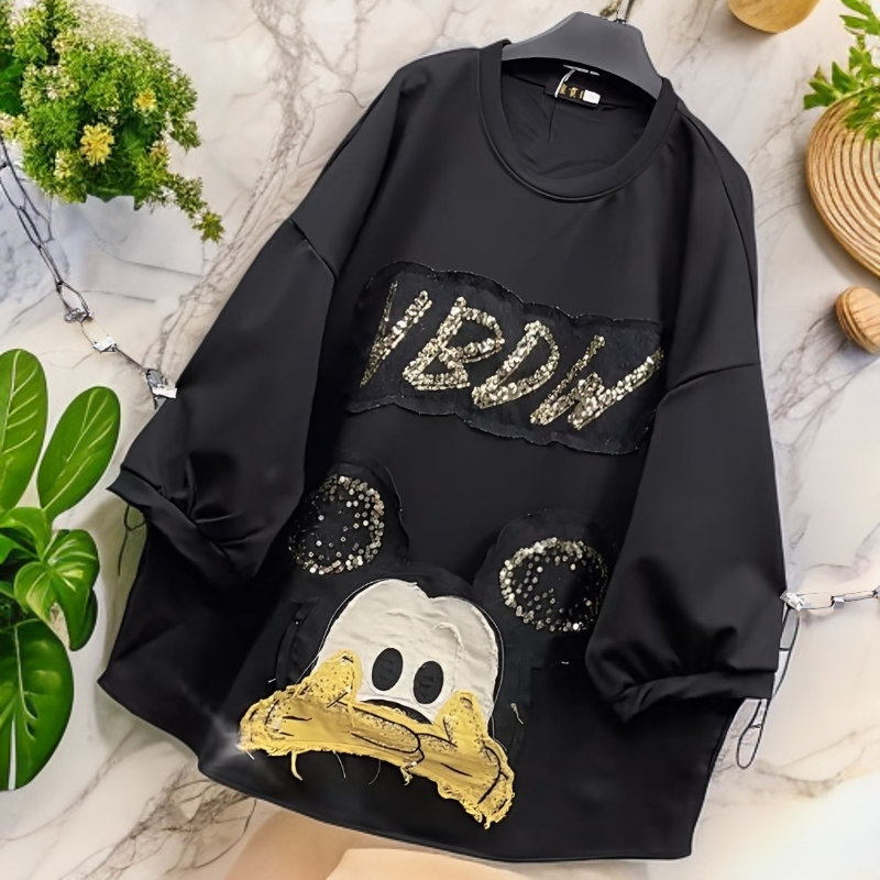 120-220斤 刺绣亮片米奇口袋八分袖卫衣