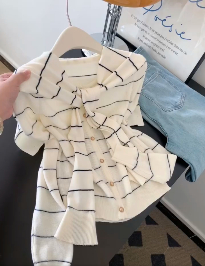 2025新款慵懒风配披肩条纹长袖针织开衫毛衣外套女高级感初秋上衣