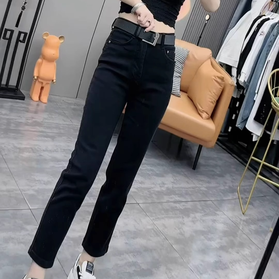 大码黑色直筒牛仔裤女春秋2025年新款梨形身材显瘦高腰九分烟管裤