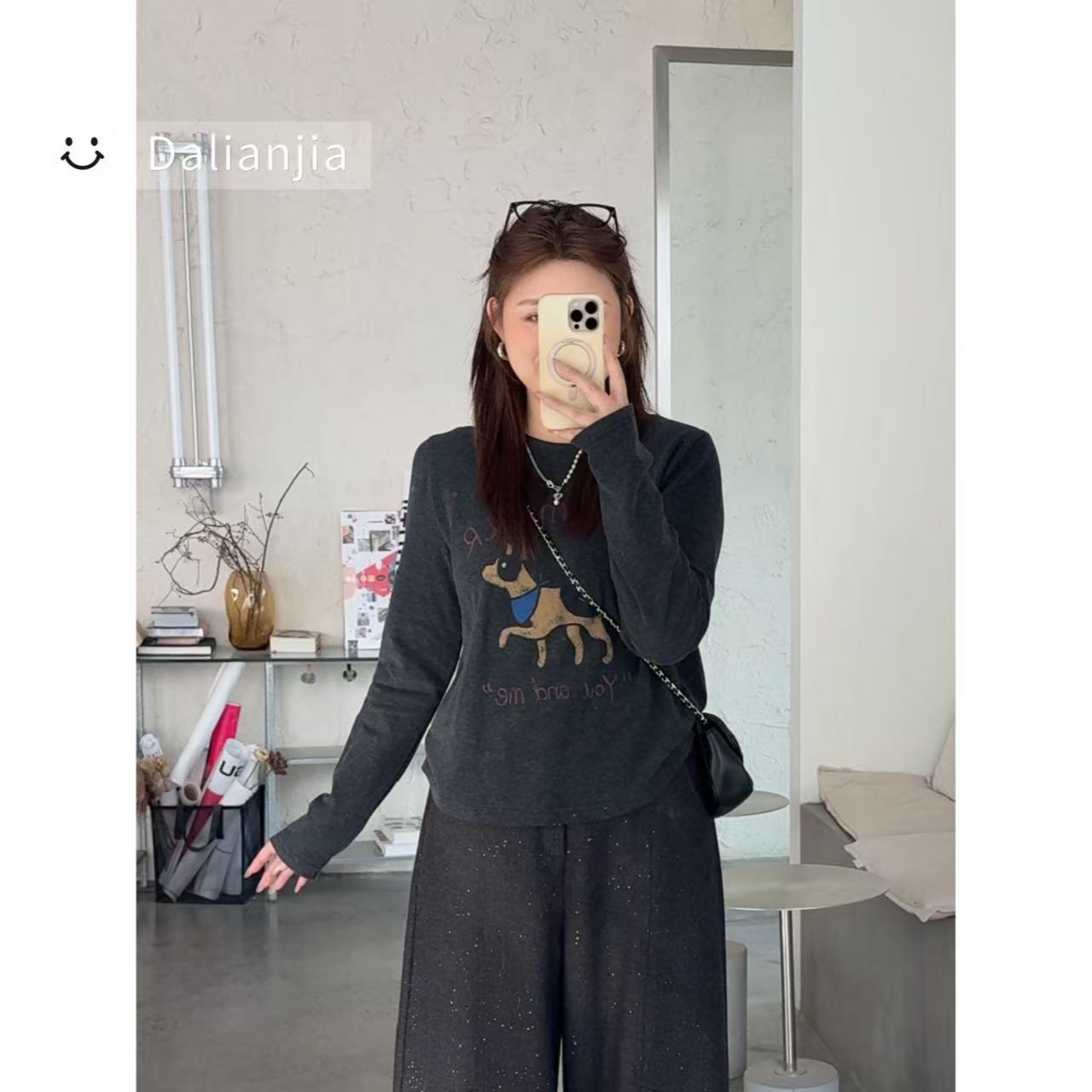 晶咕佳佳【未名小狗】小狗图案圆领正肩打底T恤长袖时尚套头