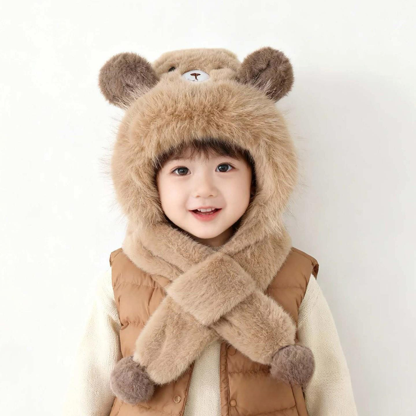 儿童围脖一体帽子男童冬季加厚护耳毛绒帽男女宝宝可爱保暖防风帽