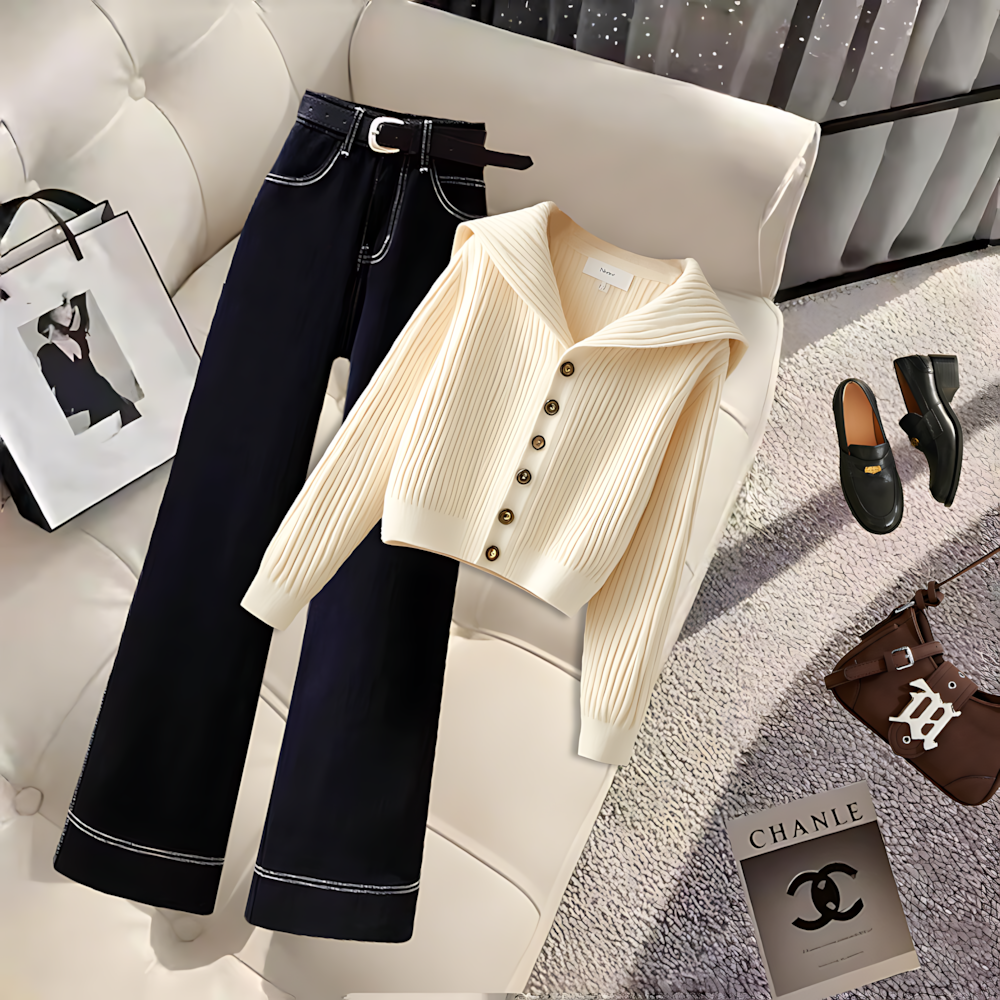 2024穿搭一整套小香风针织毛衣女新款设计感减龄高腰直筒裤两件套