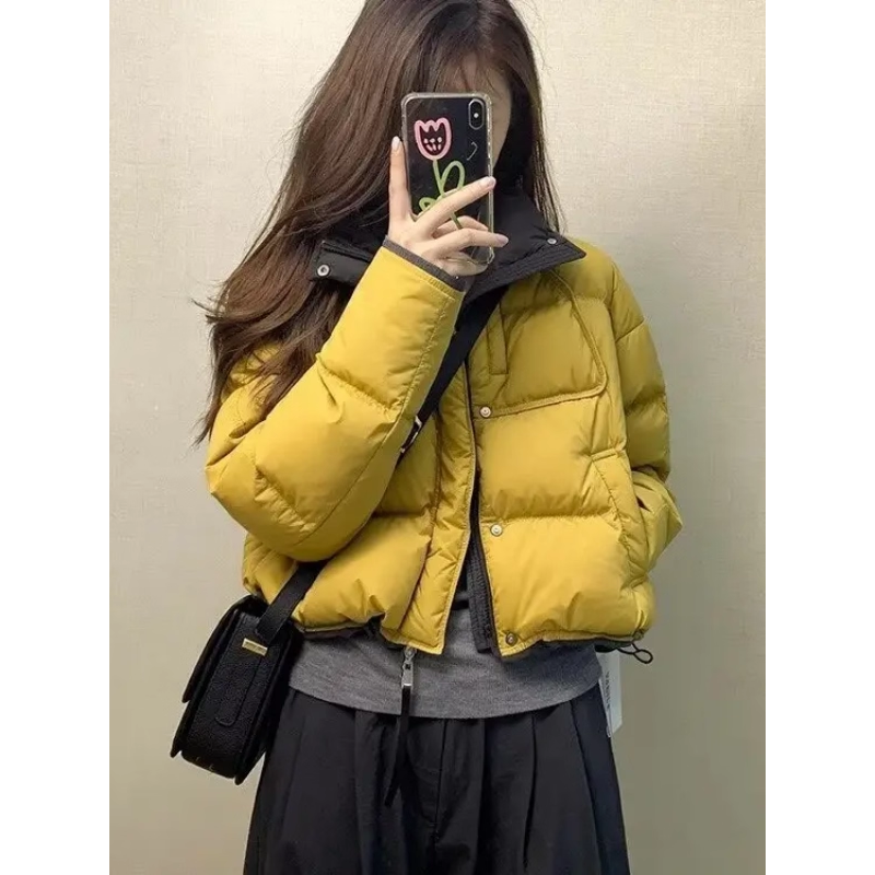 2025巨好看的黄色撞色棉服女冬小个子韩系短款面包服厚外套棉袄
