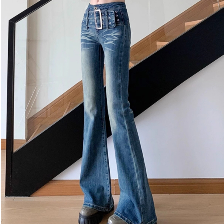 百搭2025年时尚时髦设计感低腰显瘦新款水洗弹力牛仔微喇牛仔裤潮
