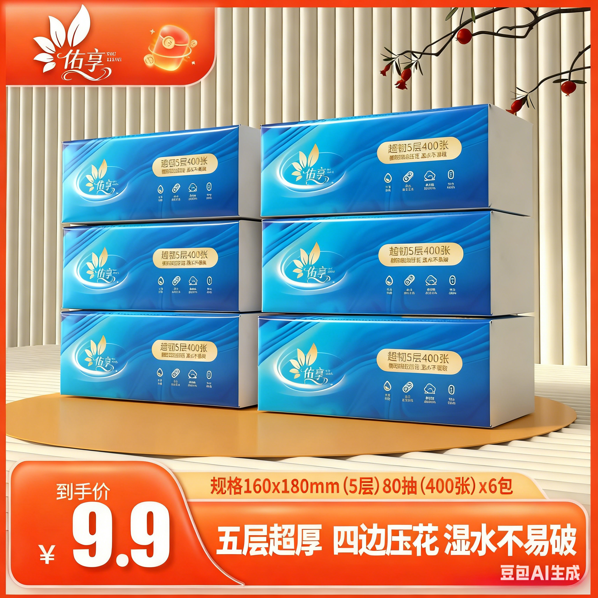 佑享抽纸18包大号加厚加量餐巾纸家用干湿两用面巾纸卫生纸厕纸