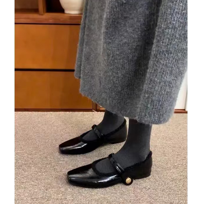 羊皮版复古玛丽珍鞋女方头秋冬季加绒保暖毛毛棉鞋平底晚晚单鞋女