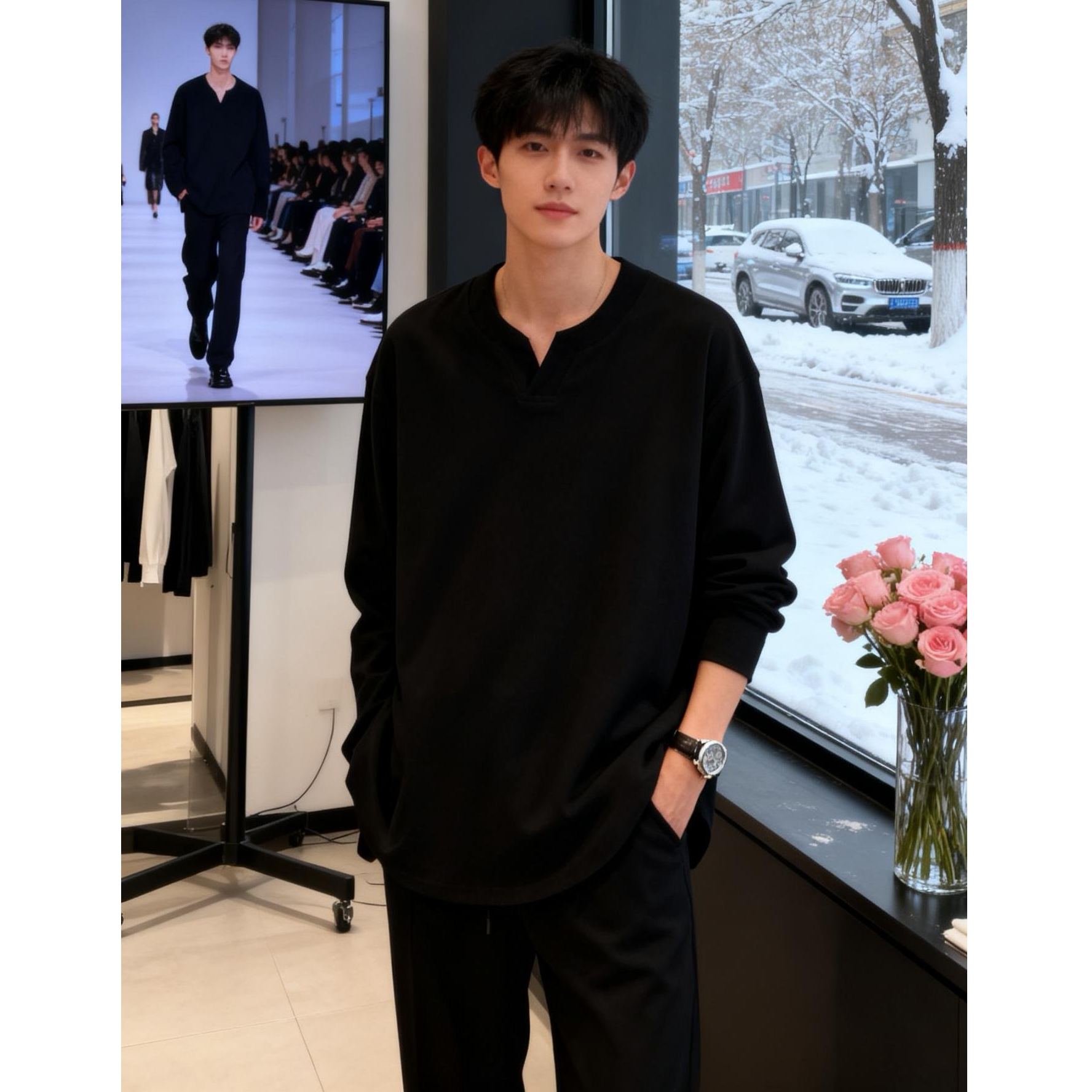 秋冬保暖磨毛德绒打底衫内搭男士长袖t恤宽松休闲套头V领上衣ins