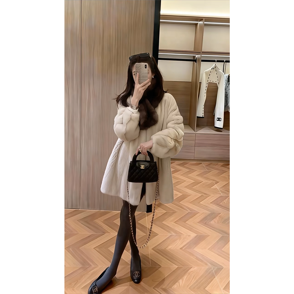 parkyeon精致高端感气质仿水貂毛皮草外套冬季中长款宽松毛毛大衣