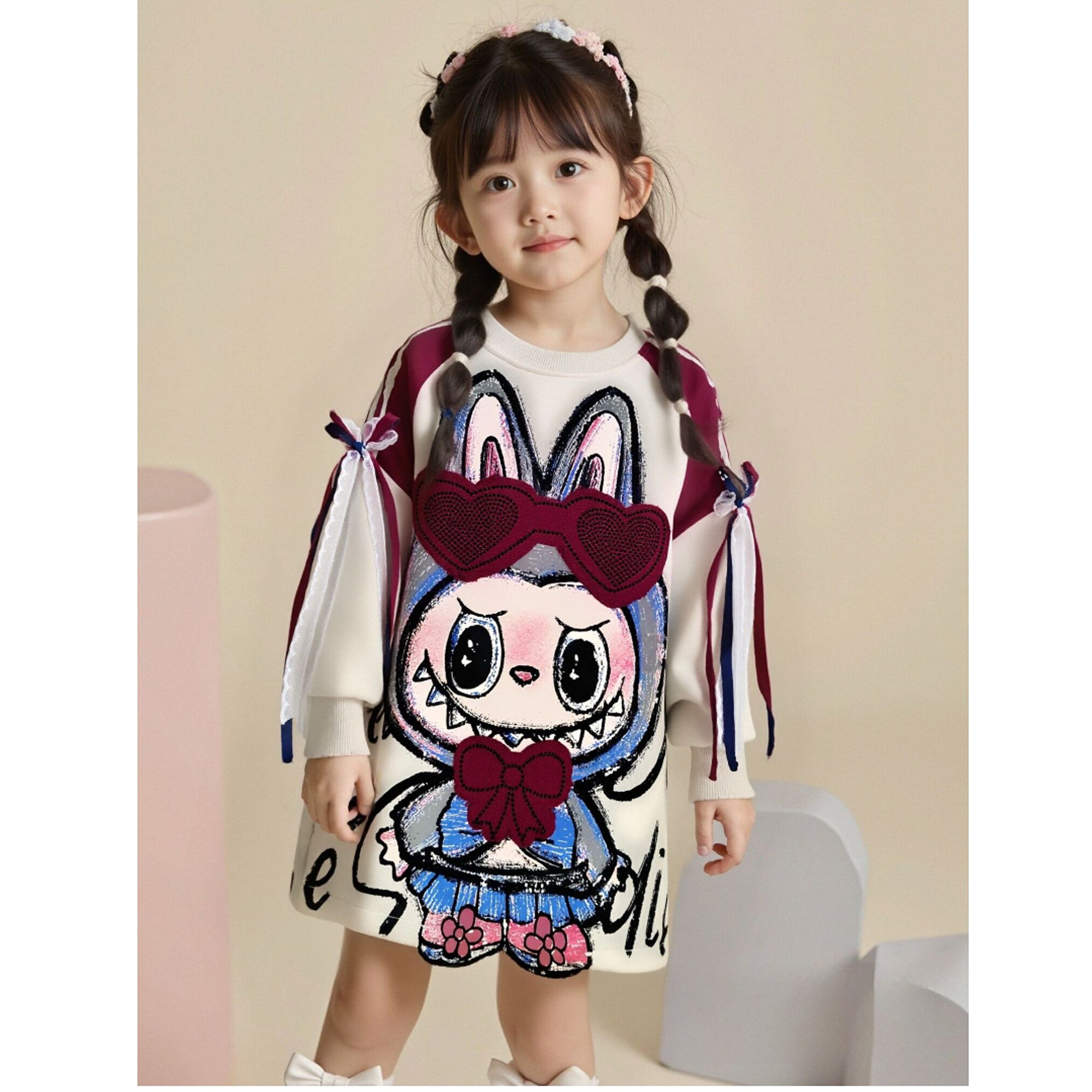 MNlabubu重工潮牌卫衣裙2025秋季新款洋气女孩潮童拉布布连衣裙