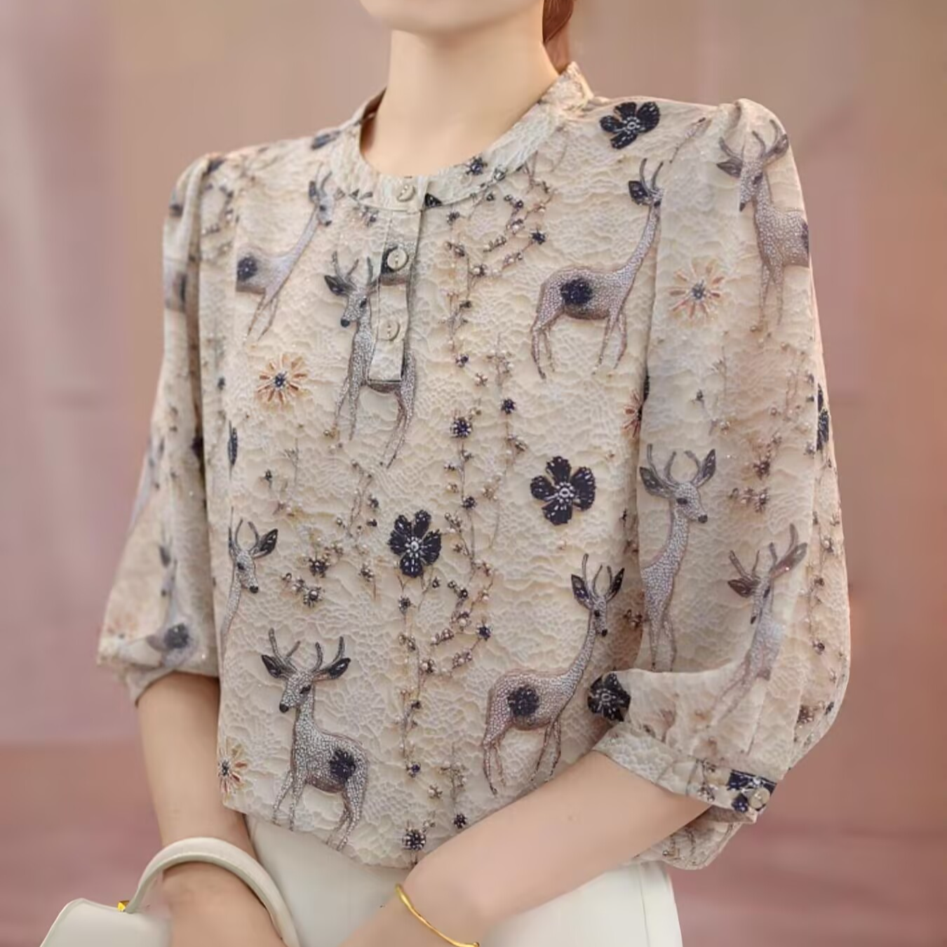 【洒银工艺】轻薄七分袖冰丝雪纺衬衫洋气中年妈妈装宽松显瘦小衫