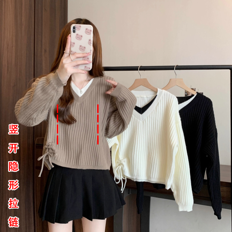 哺乳期辣妈产后外出潮款时尚内搭抽绳设计针织打底衫假两件喂奶衣