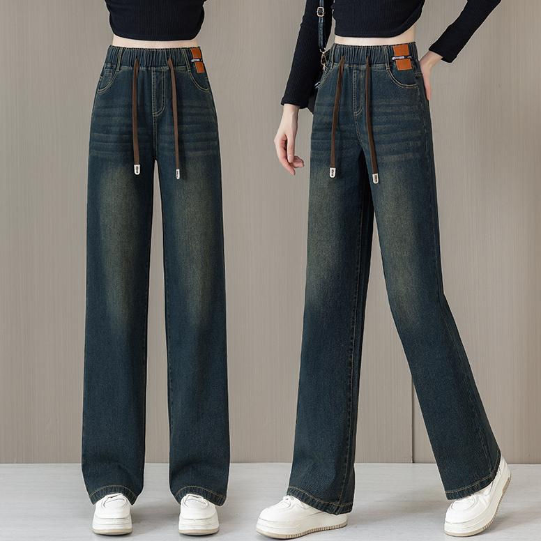 松紧腰牛仔裤女高腰秋冬季新款2025大码胖mm直筒阔腿裤显瘦百搭