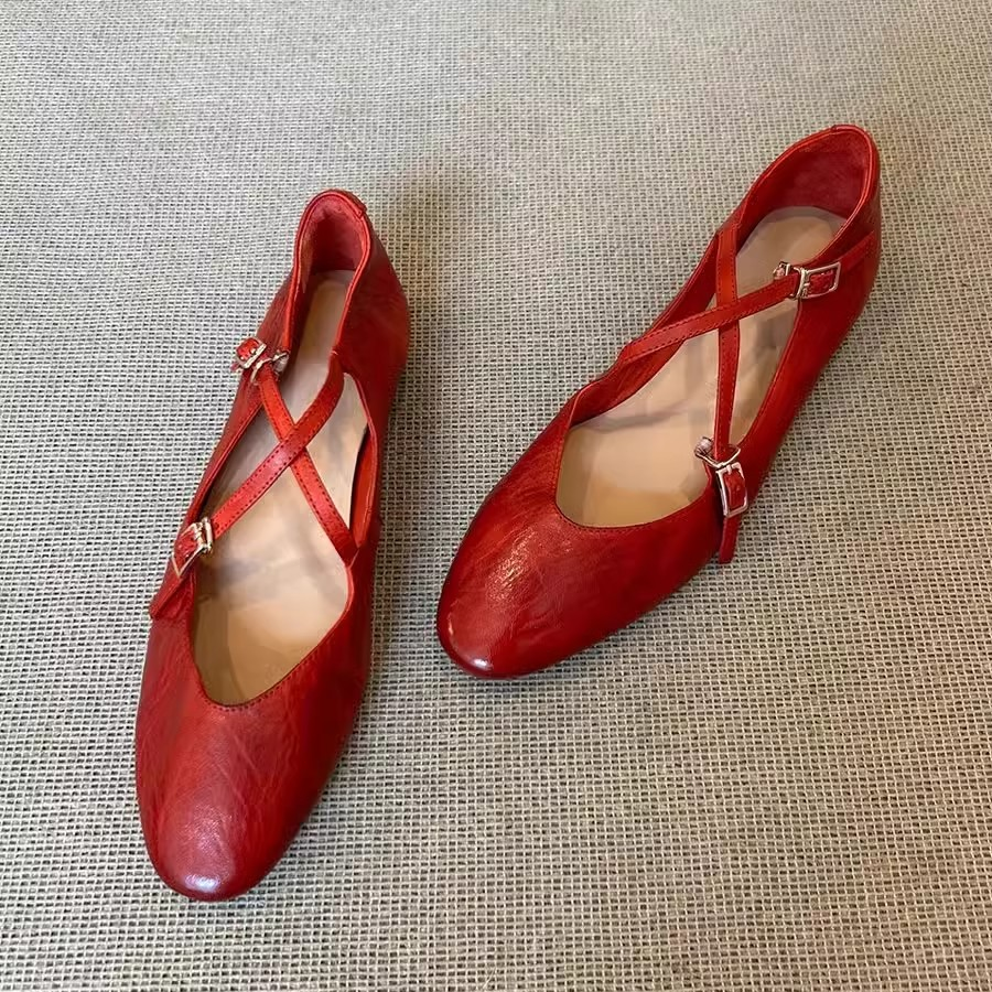 芭蕾鞋复古软皮交叉绑带玛丽珍鞋女软底百搭圆头浅口红色平底单鞋