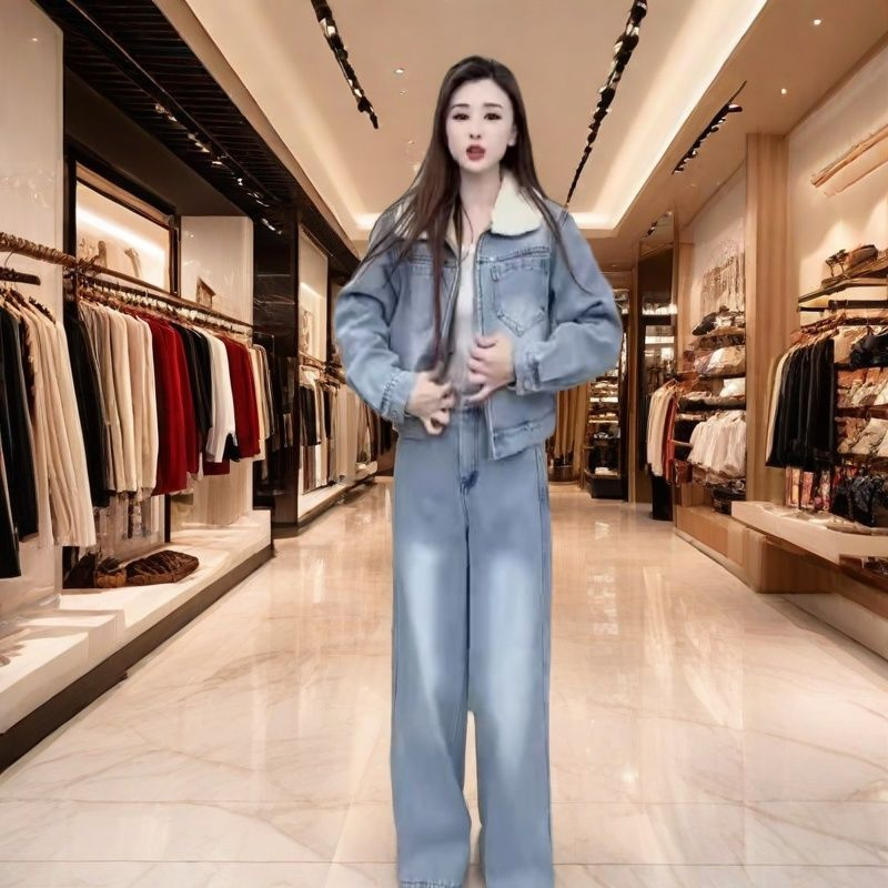 2025冬季加绒牛仔套装女毛领牛仔夹克外套直筒阔腿裤长裤两件套
