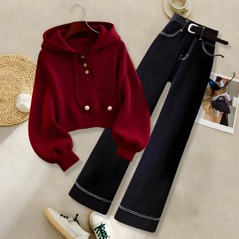 2025秋季新款红色小众别致慵懒风连帽针织卫衣直筒牛仔裤子一整套
