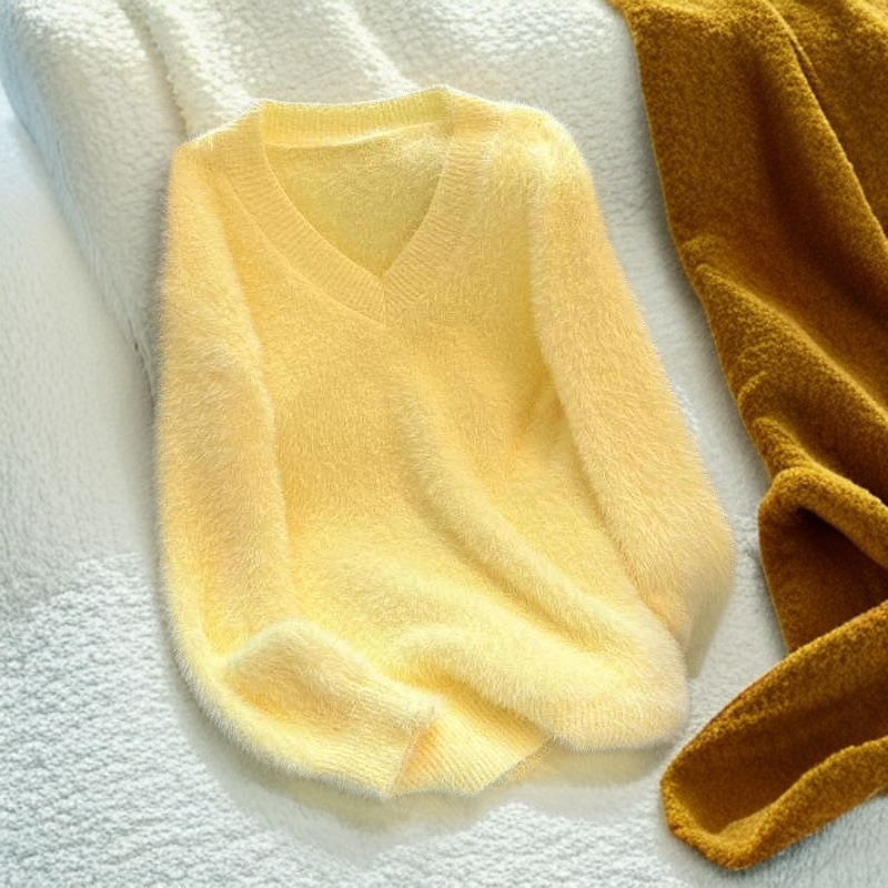 奶fufu水貂绒毛衣女2025新款秋冬软糯慵懒温柔宽松V领针织衫上衣
