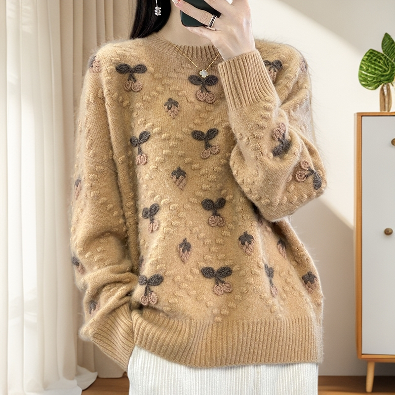 鄂尔多市高级纯100羊毛衫女秋冬宽松慵懒风毛衣内搭羊绒打底衫女