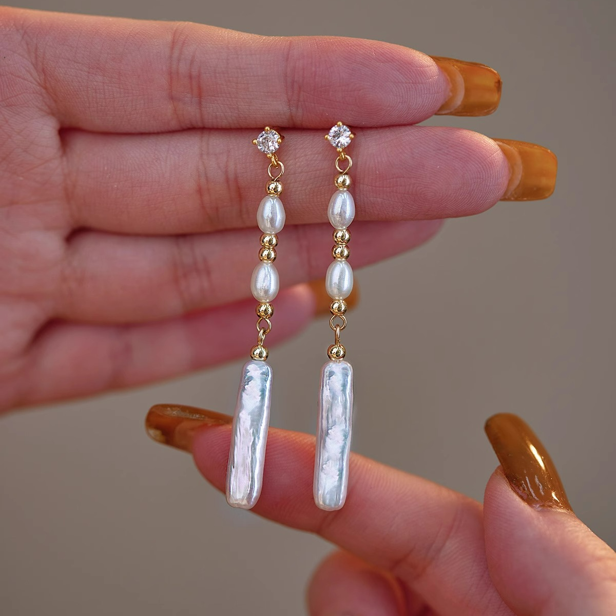 天然淡水珍珠银条巴洛克耳环 气质小众设计高级感925银长款耳坠