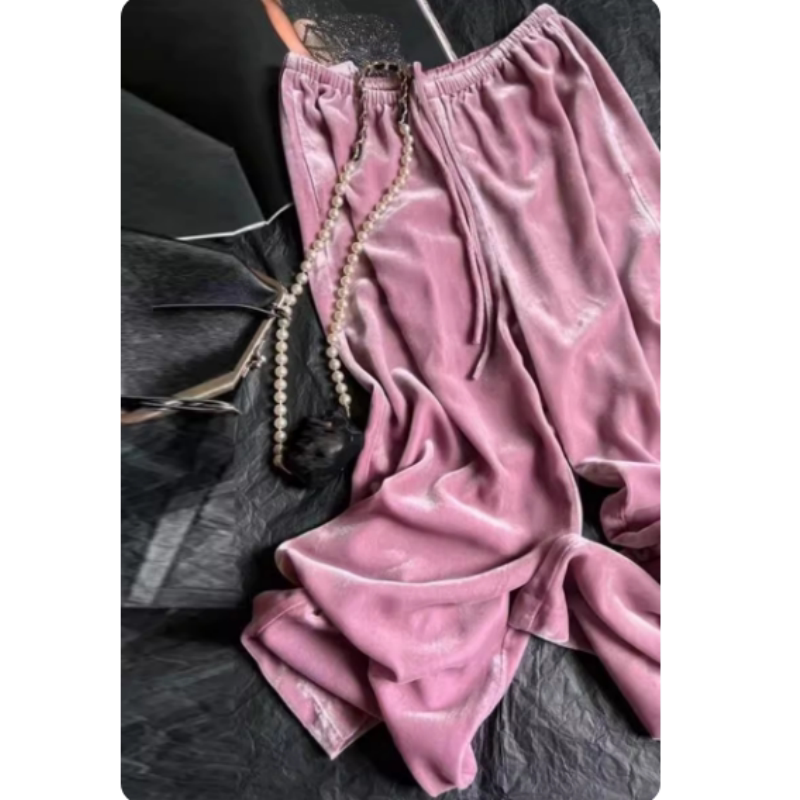 今年流行早秋新款！高端轻奢时尚粉色阔腿裤女松紧腰宽松垂感裤子