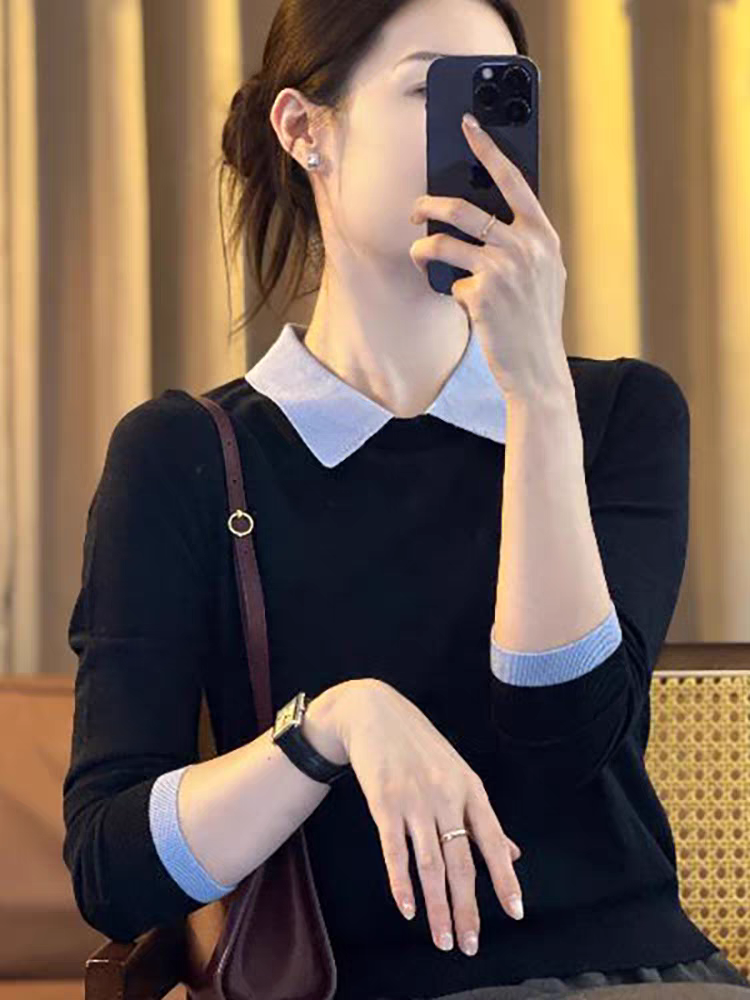 时尚撞色长袖polo针织衫女秋季新款内搭打底宽松显瘦减龄气质上衣
