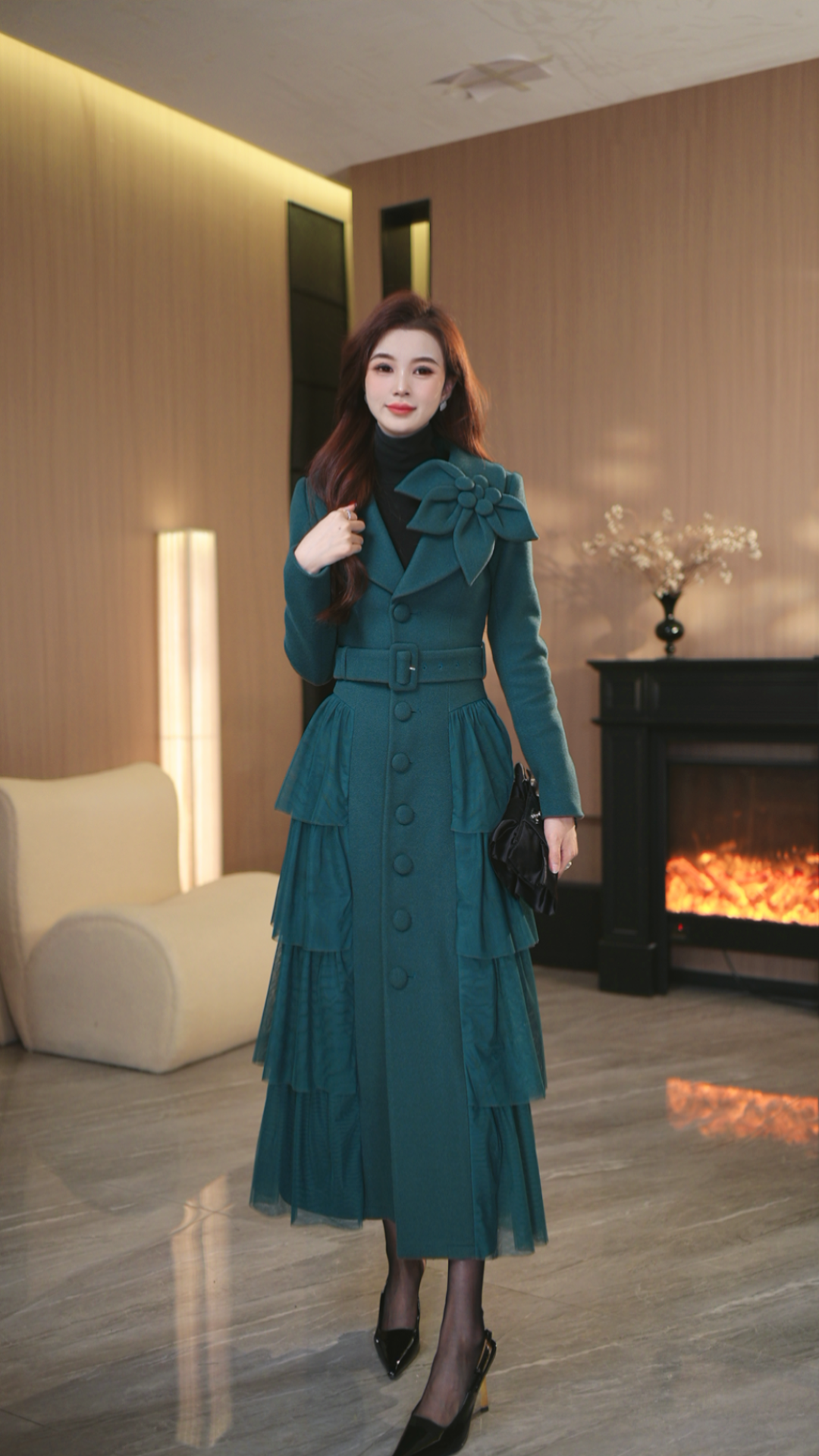 罗曼定制  原创设计修身法式冬季毛呢外套秋冬收腰外套翻领女装