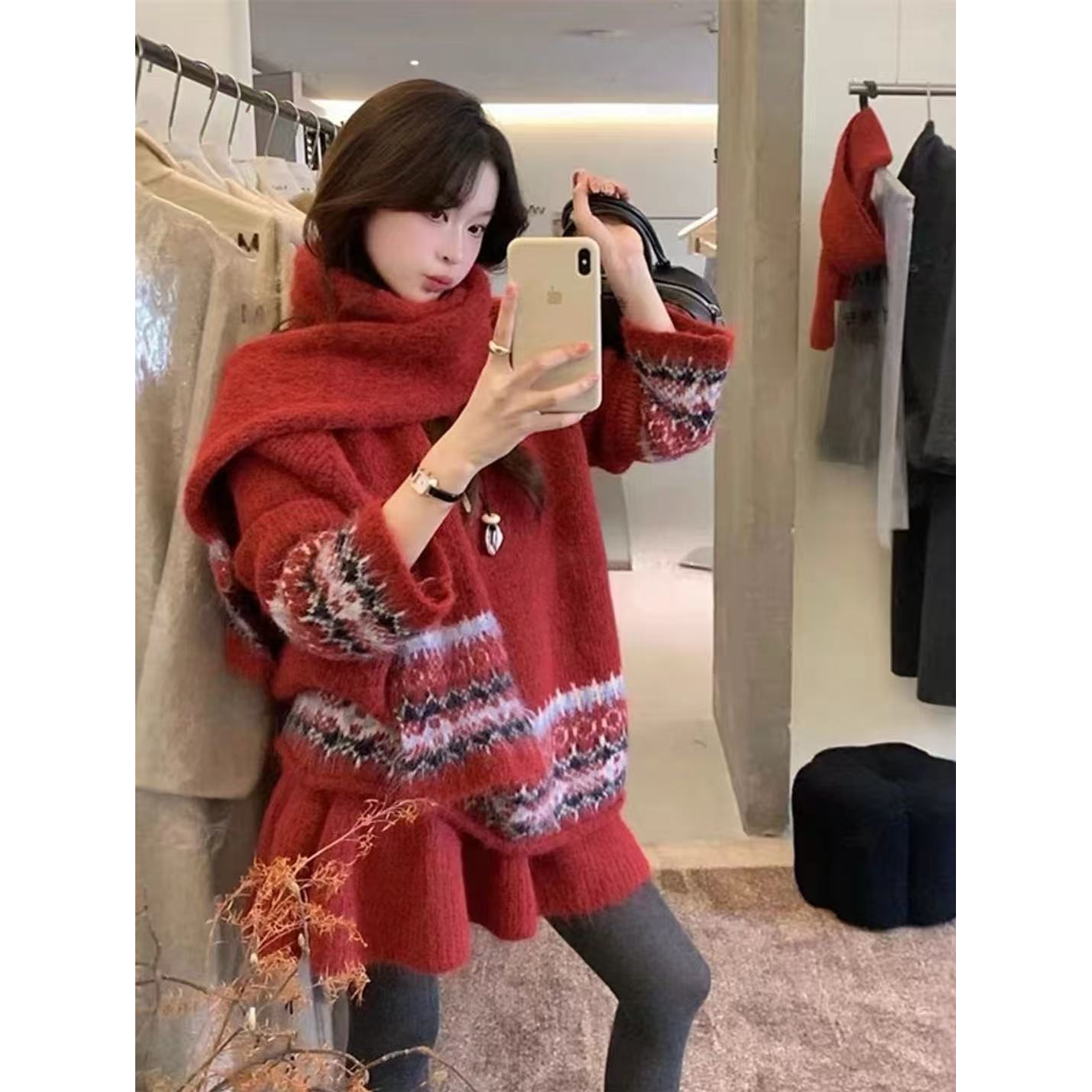 圣诞新年红2026新款费尔岛毛衣慵懒宽松甜美上衣短裙围巾三件套装