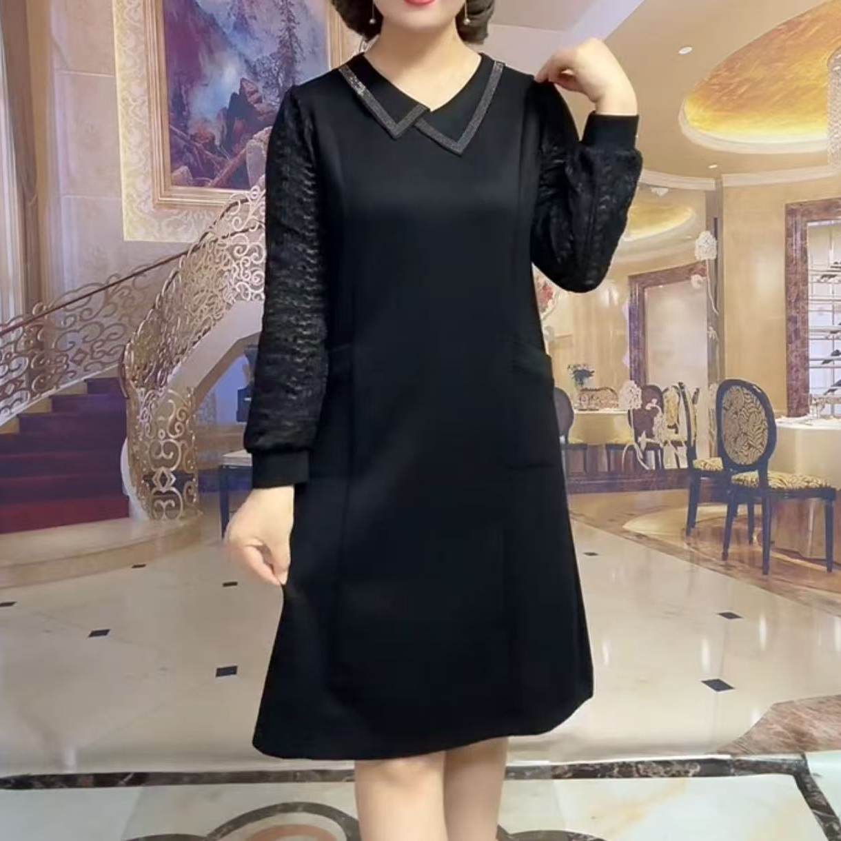 秋季时尚长袖百搭休闲连衣裙洋气宽松大码黑色气质双兜中长款裙子