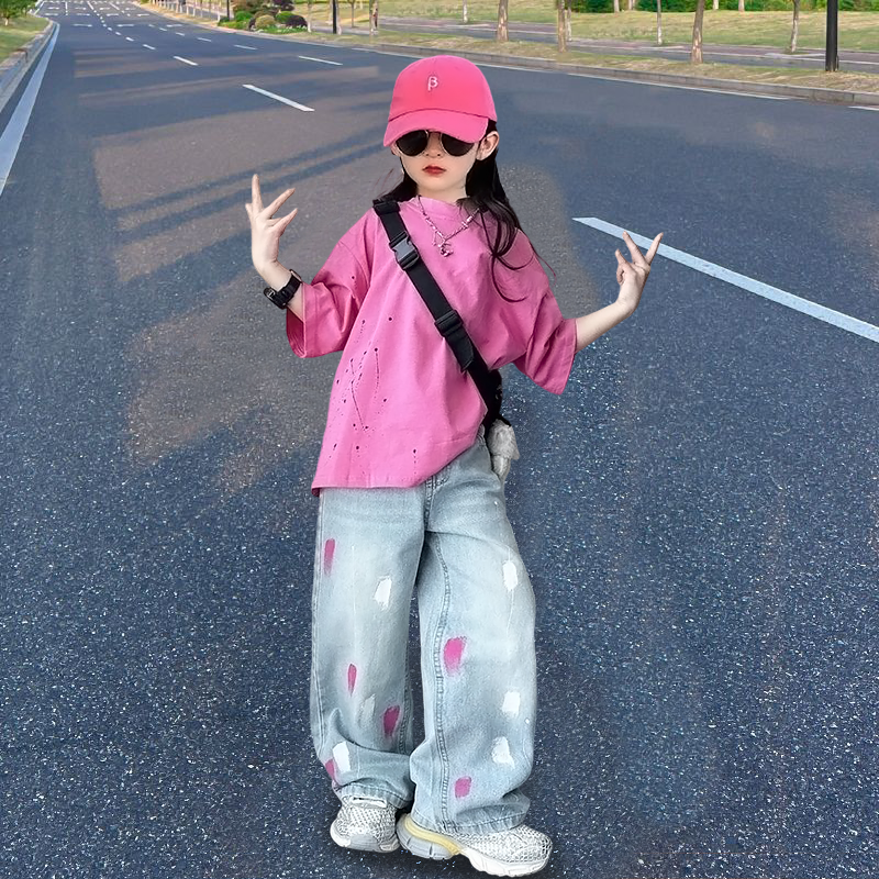 女童短袖套装多巴胺女孩洋气中大儿童薄款短袖牛仔长裤两件套夏季