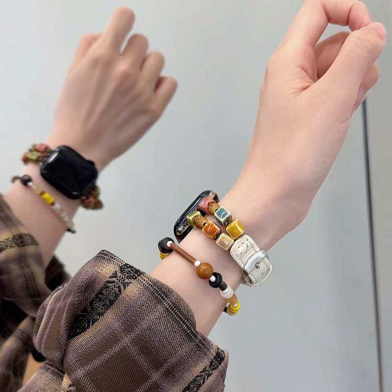 适用S9苹果手表applewatchS10表带真皮S8拼接陶瓷7串珠SE细款秋冬