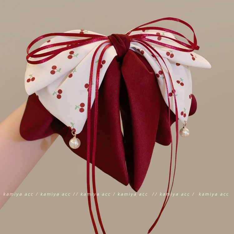 樱桃蝴蝶结飘带抓夹女2025新款高级感后脑勺盘发鲨鱼夹子头饰发夹