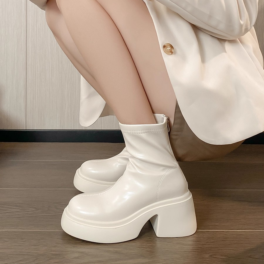 牛皮版~白色短靴女松糕厚底小个子增高弹力瘦瘦靴百搭显瘦马丁靴