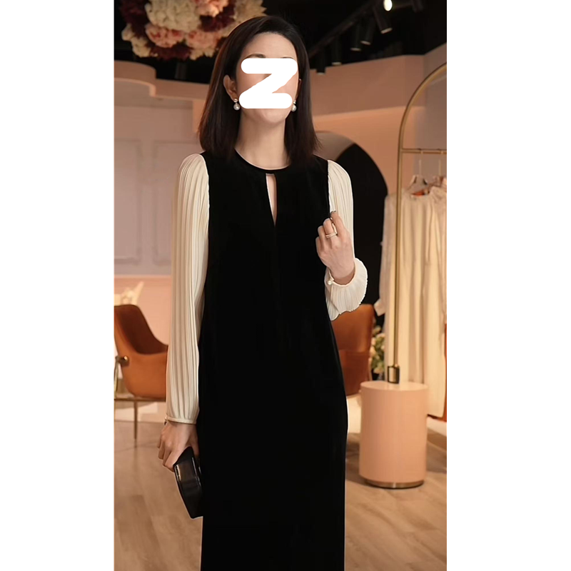 2025秋季新款大码女装宽松气质拼接丝绒长裙子胖mm遮肉显瘦连衣裙