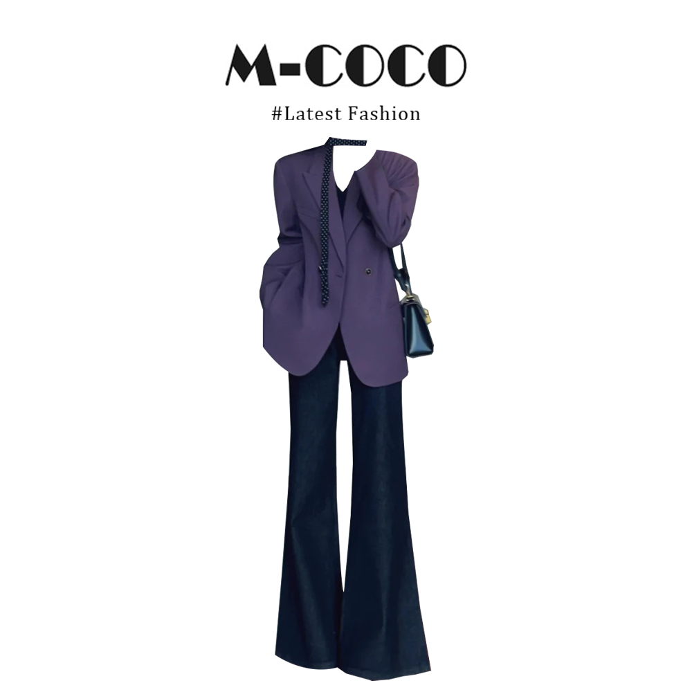 INS CEC通勤干练气质西装外套2025早秋高端轻熟微喇牛仔裤套装