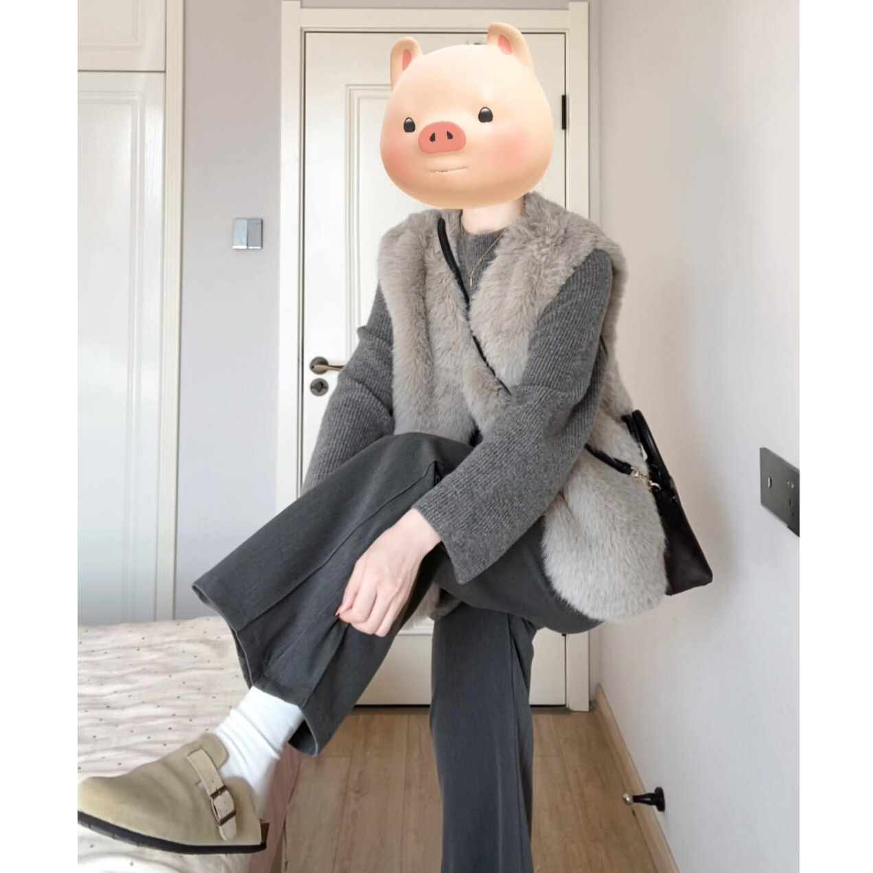 MARIE.COCO韩系一整套深冬穿搭毛毛马甲搭配针织上衣裤子三件套装